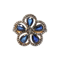 Flower Shaped Natural Blue Sapphire And Diamond 925 Sterling Silver Gold Plated Ring