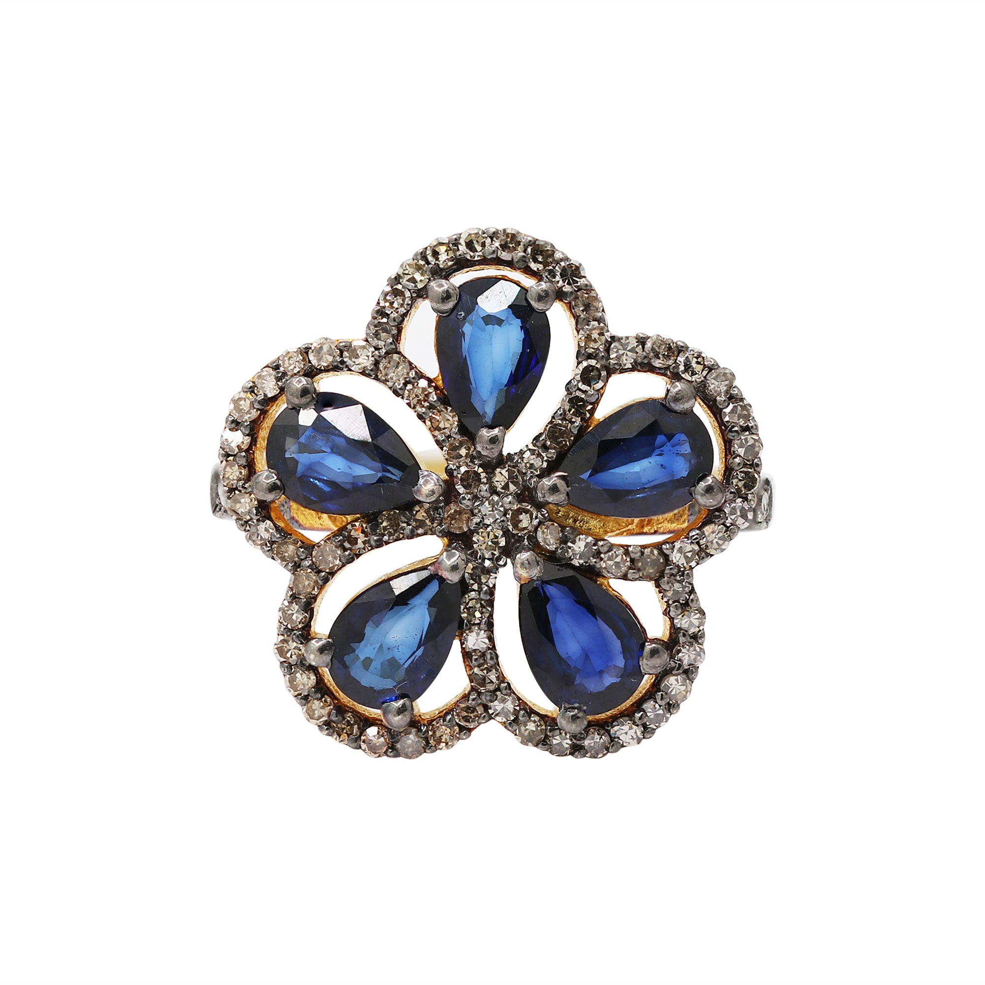 Flower Shaped Natural Blue Sapphire And Diamond 925 Sterling Silver Gold Plated Ring