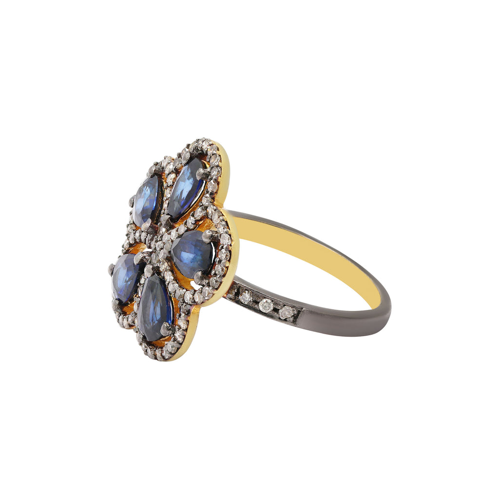 Flower Shaped Natural Blue Sapphire And Diamond 925 Sterling Silver Gold Plated Ring