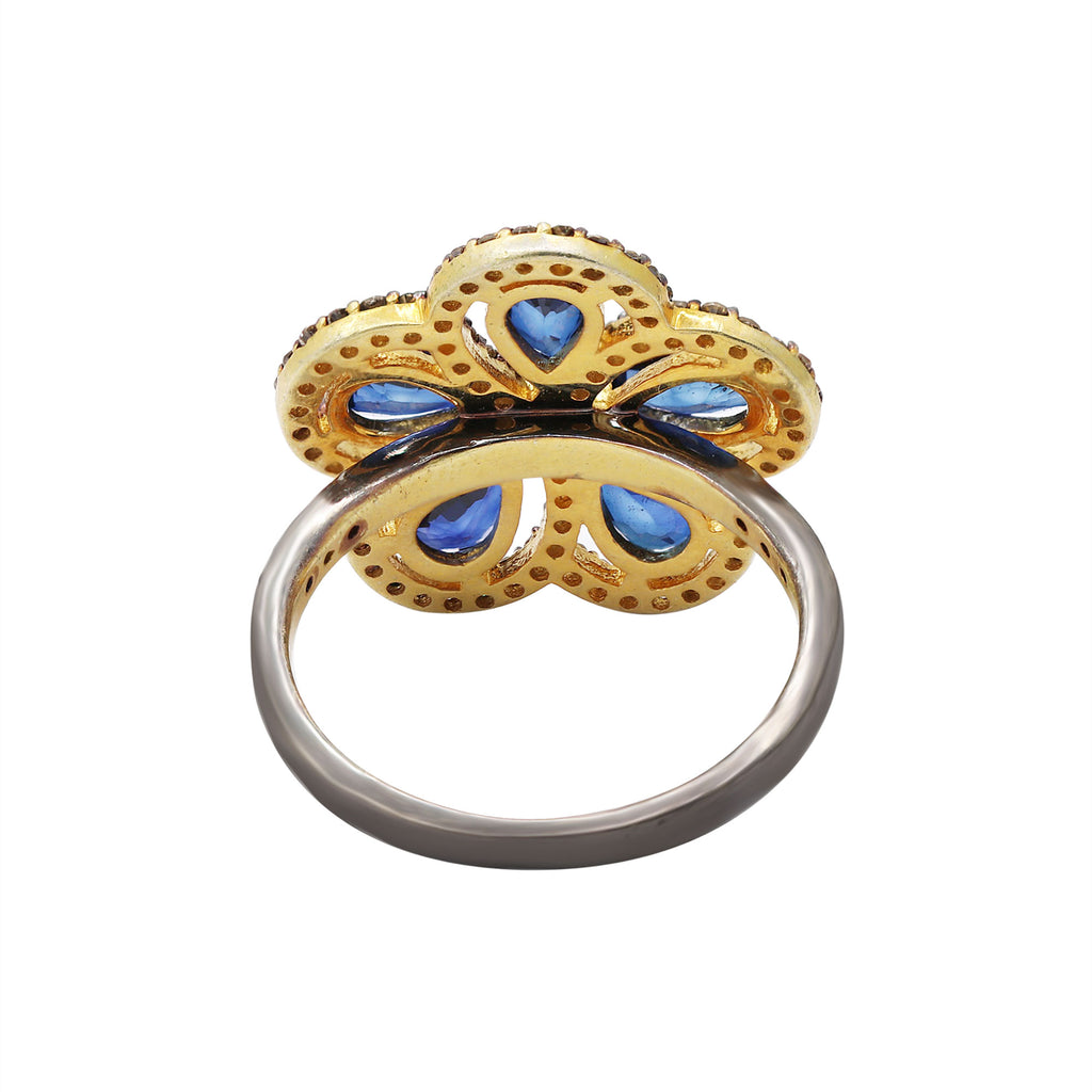 Flower Shaped Natural Blue Sapphire And Diamond 925 Sterling Silver Gold Plated Ring