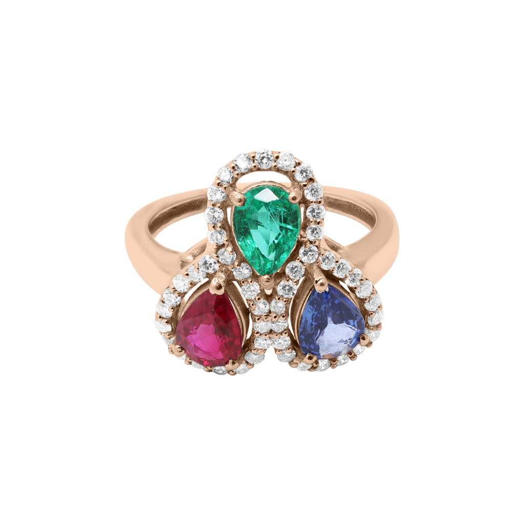 Natural Pear Cut Ruby, Sapphire, Emerald & Diamond Ring In 18k White Gold
