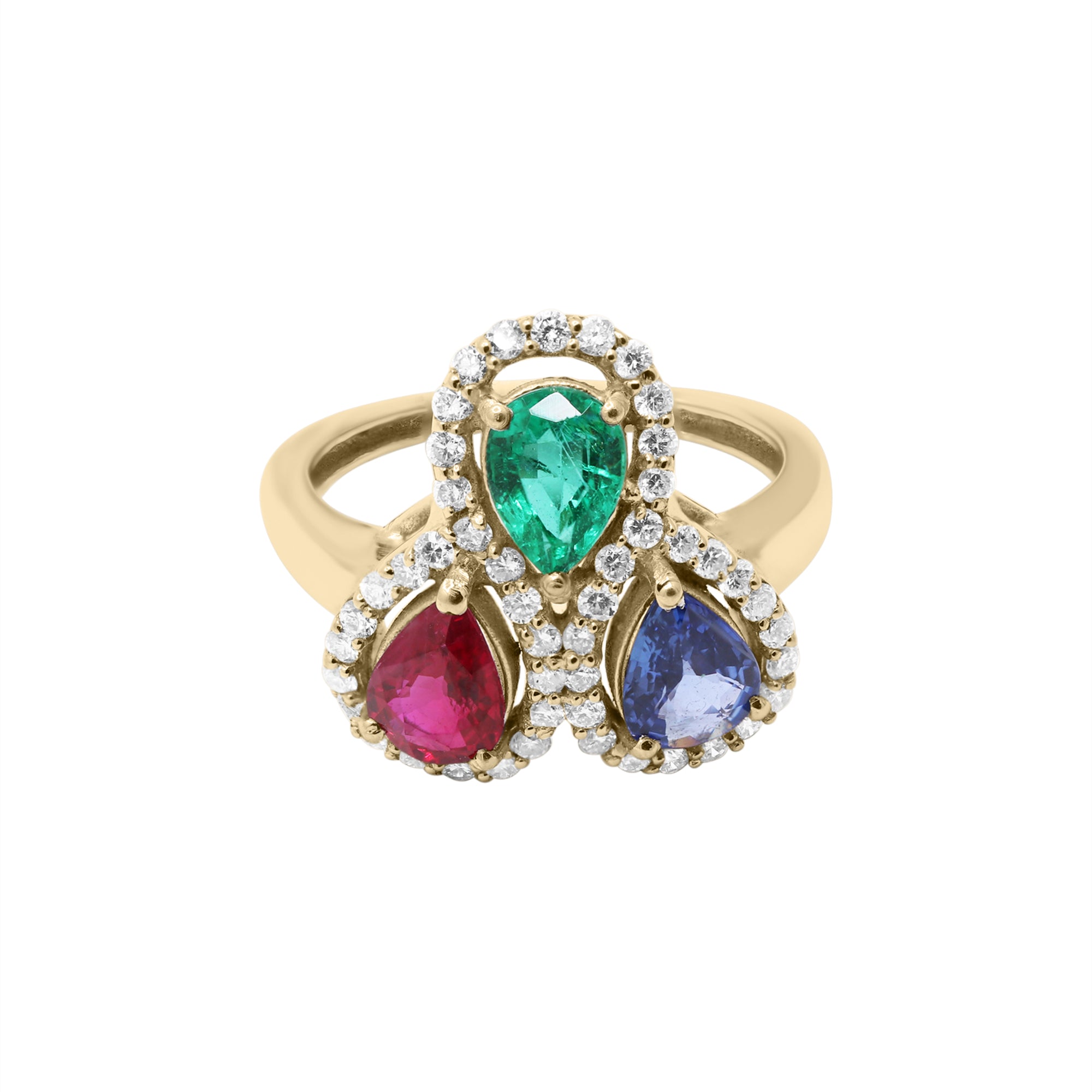 Natural Pear Cut Ruby, Sapphire, Emerald & Diamond Ring In 18k White Gold