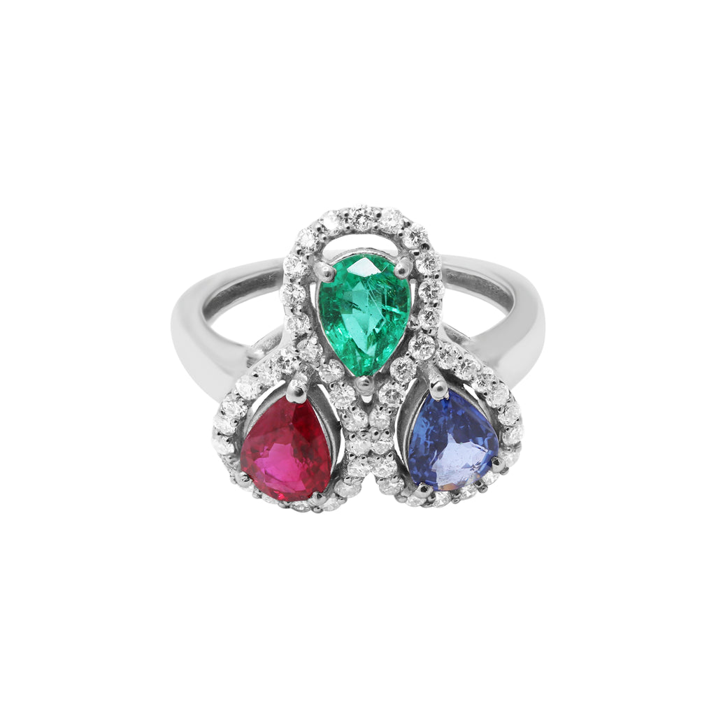 Natural Pear Cut Ruby, Sapphire, Emerald & Diamond Ring In 18k White Gold