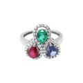 Natural Pear Cut Ruby, Sapphire, Emerald & Diamond Ring In 18k White Gold