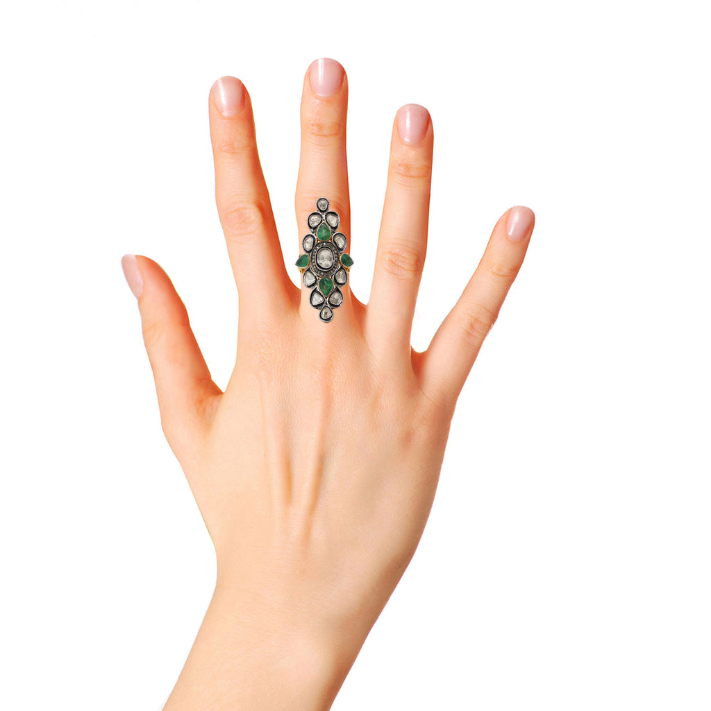 Natural Emerald & Polki Diamond 925 Sterling Silver Handmade Gold Plated Ring