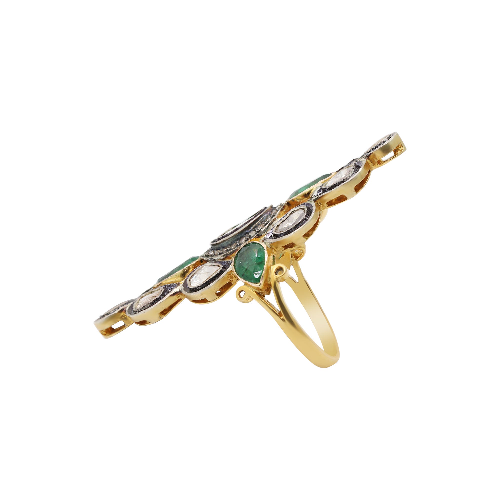 Natural Emerald & Polki Diamond 925 Sterling Silver Handmade Gold Plated Ring