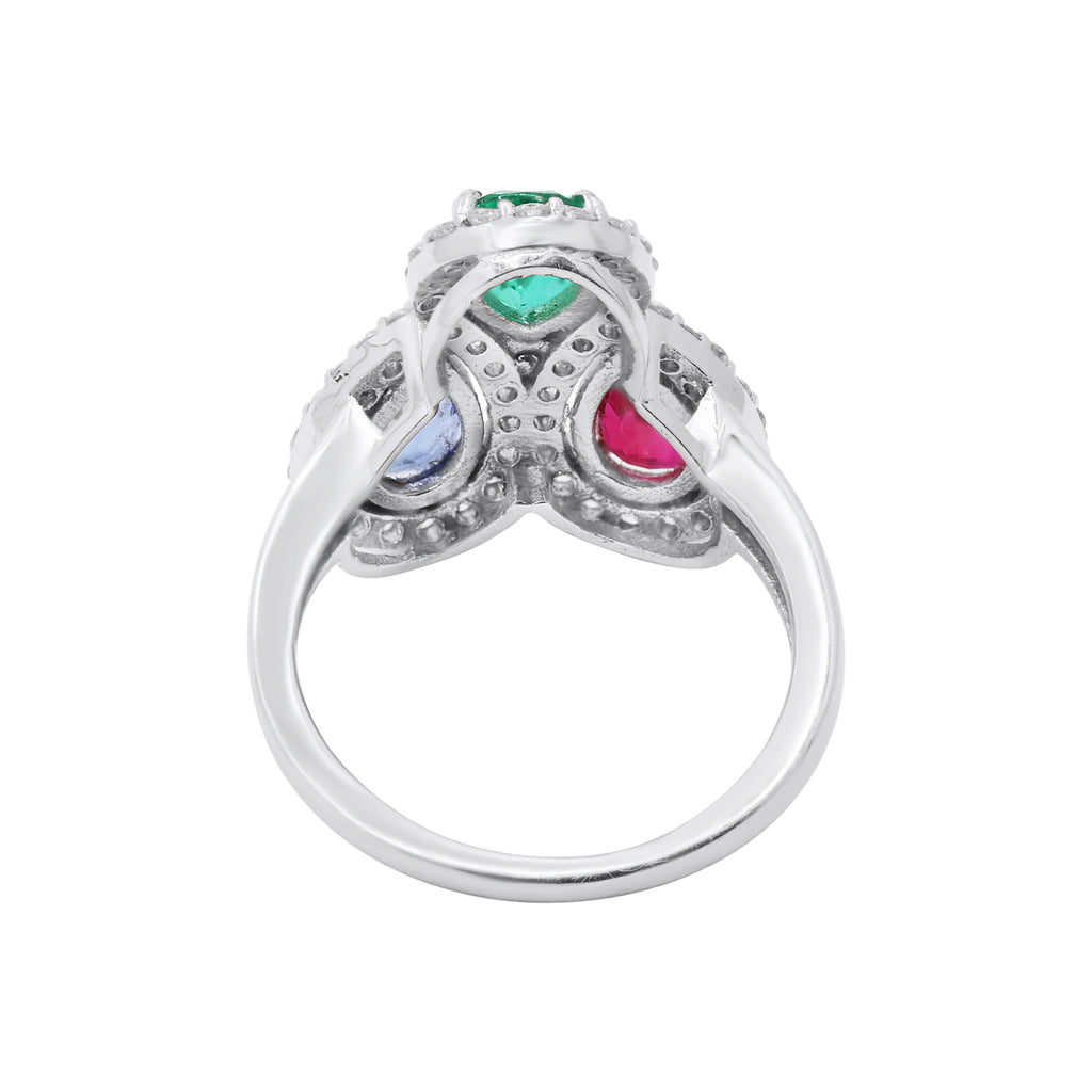 Natural Pear Cut Ruby, Sapphire, Emerald & Diamond Ring In 18k White Gold