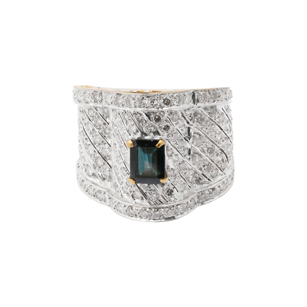 Natural Blue Sapphire & Diamond Unisex 18k Yellow Gold Ring