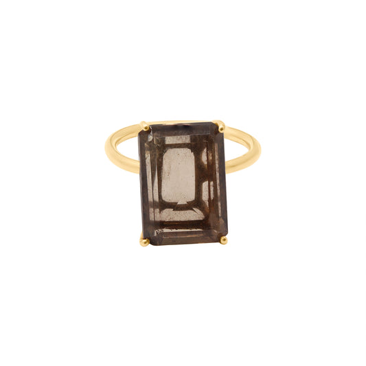 Natural Smoky Quartz Rectangle Cut Gemstone 14k Gold Ring