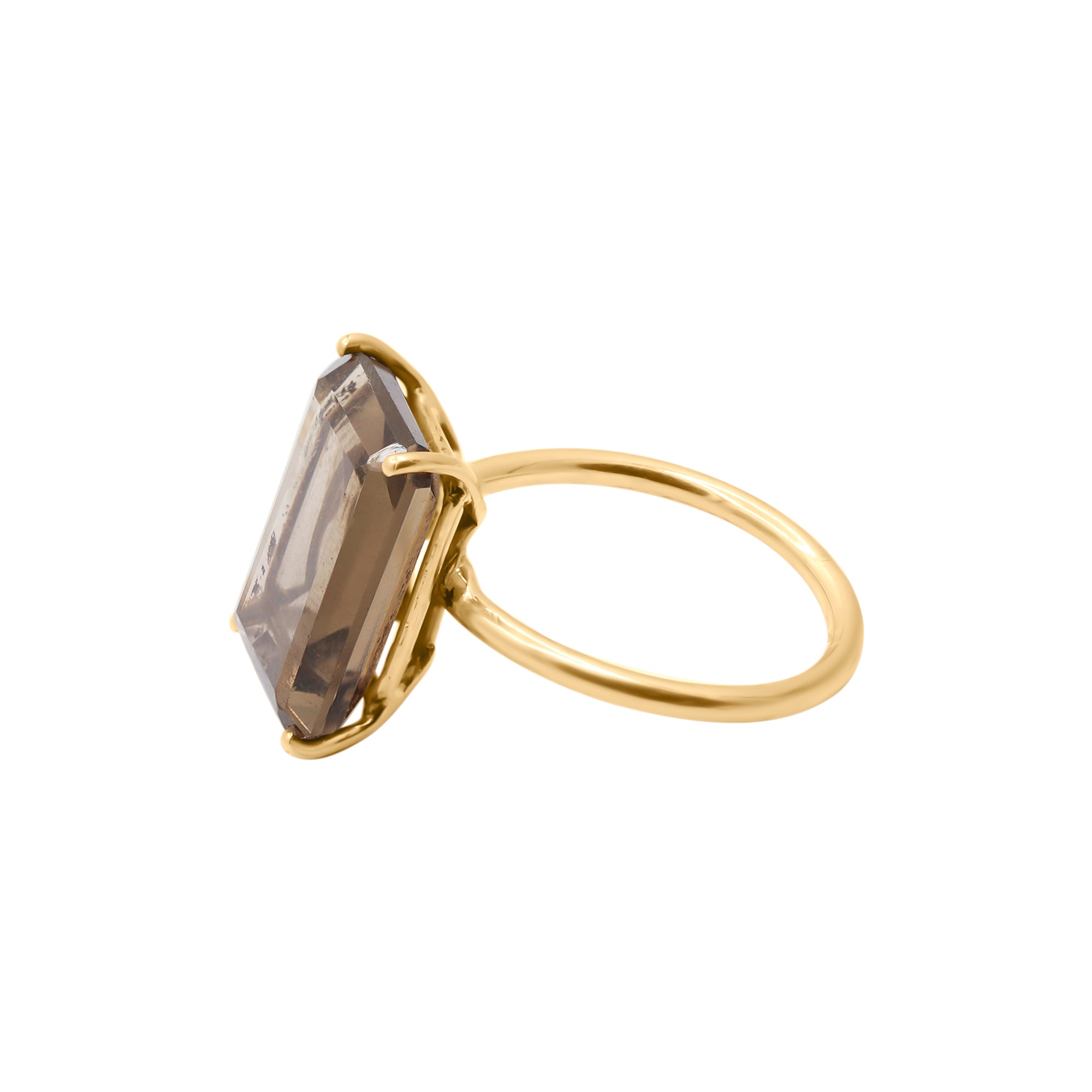 Natural Smoky Quartz Rectangle Cut Gemstone 14k Gold Ring