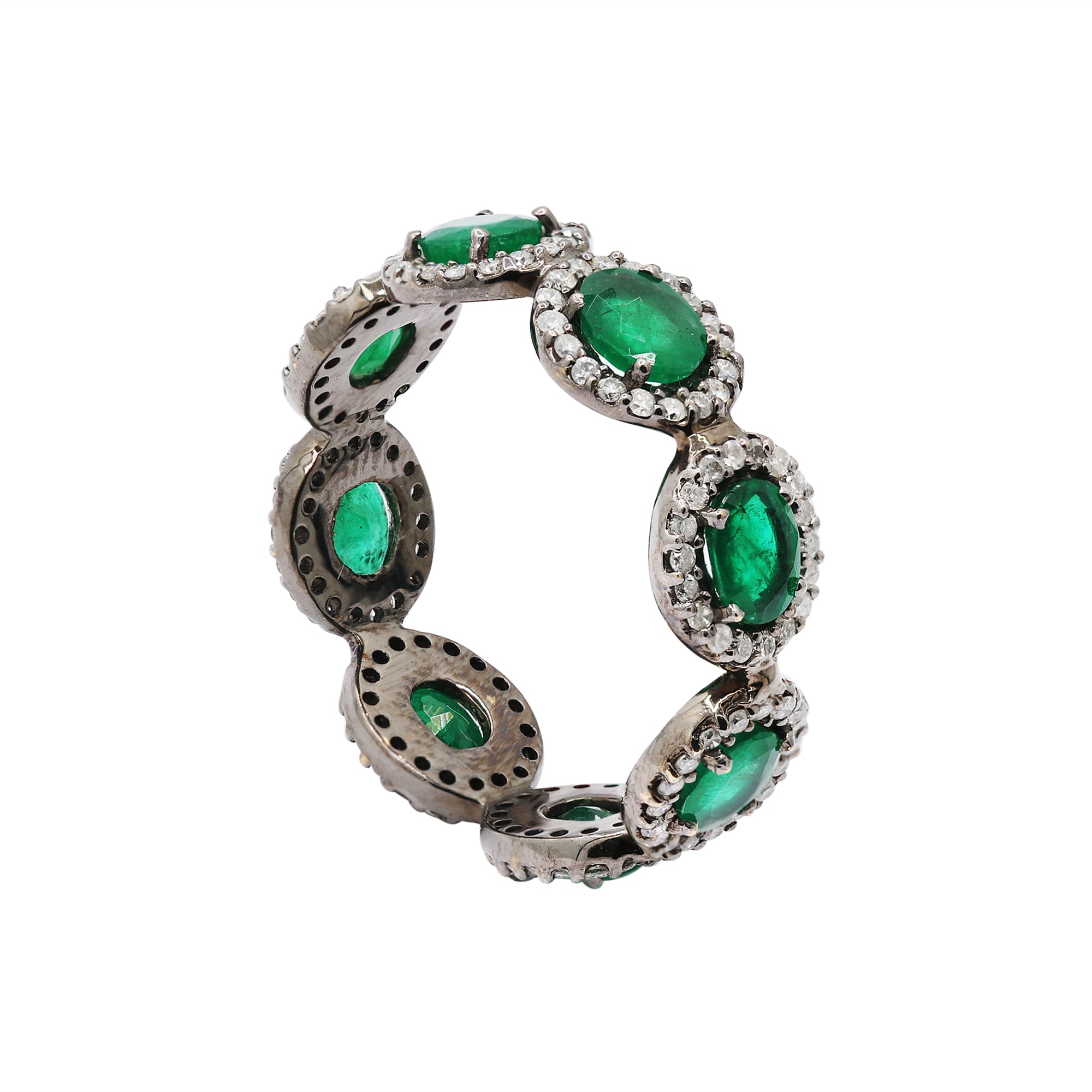 Natural Emerald With Diamond Band In 18k White Gold