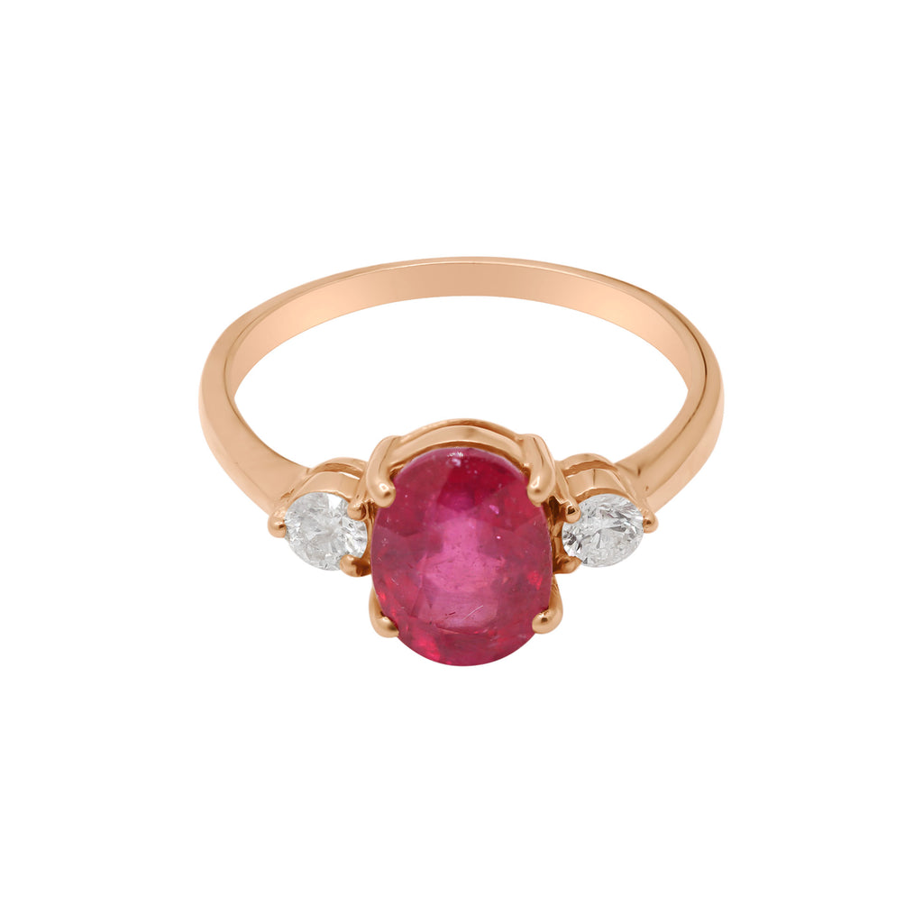Natural Oval Shaped Ruby With Diamond Gold Ring In 14k Yellow Gold
