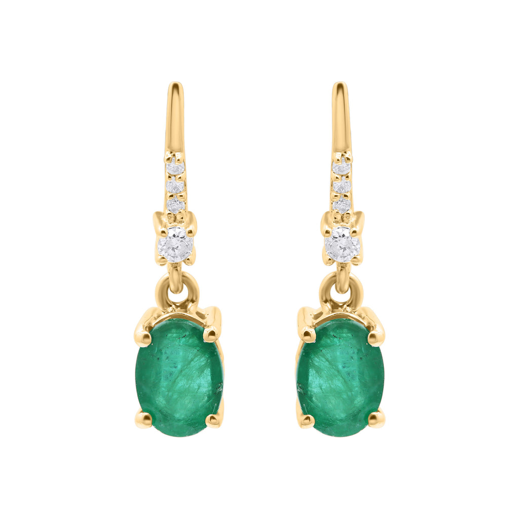 Natural Oval Cut Emerald And Diamond 14k White Gold Earring