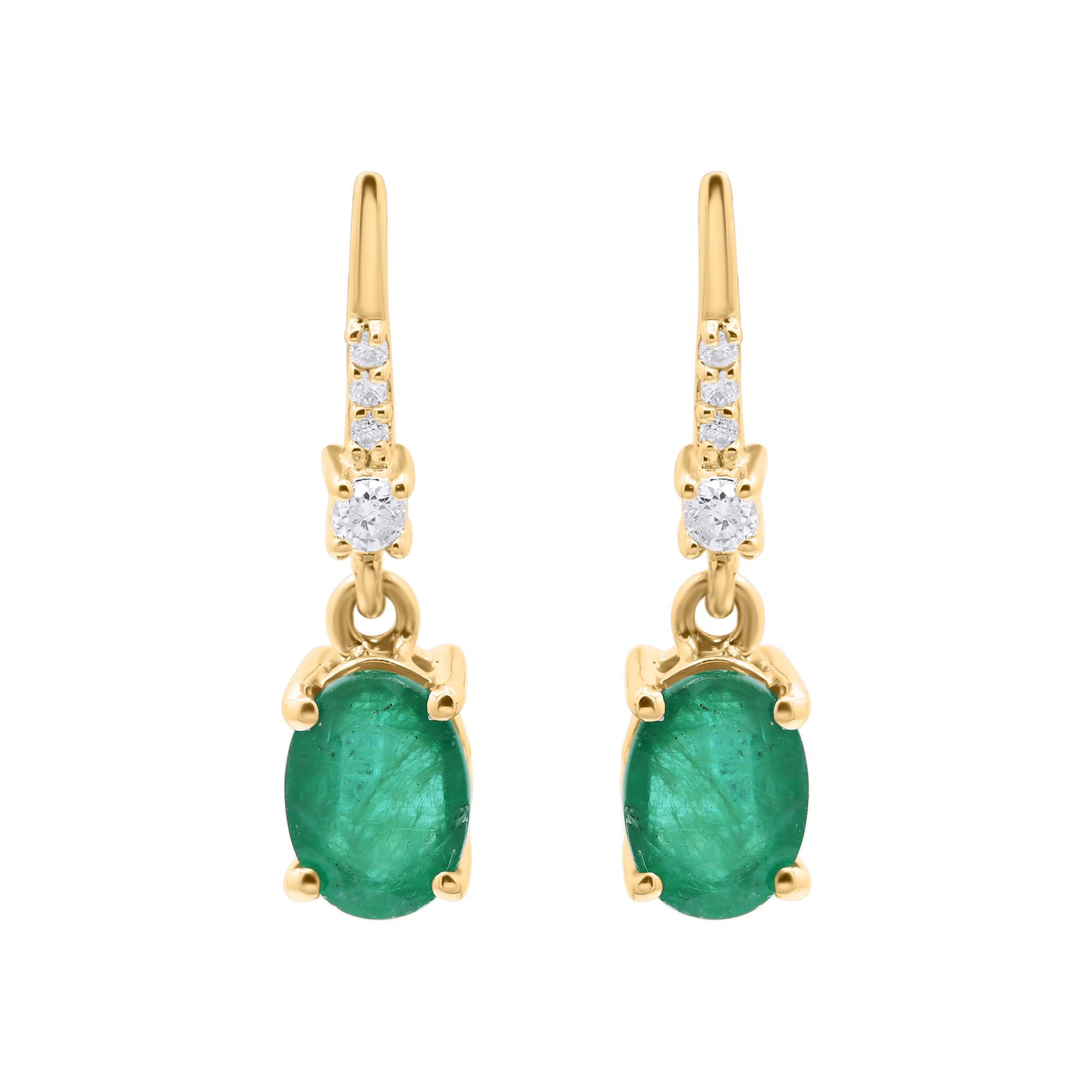 Natural Oval Cut Emerald And Diamond 14k White Gold Earring