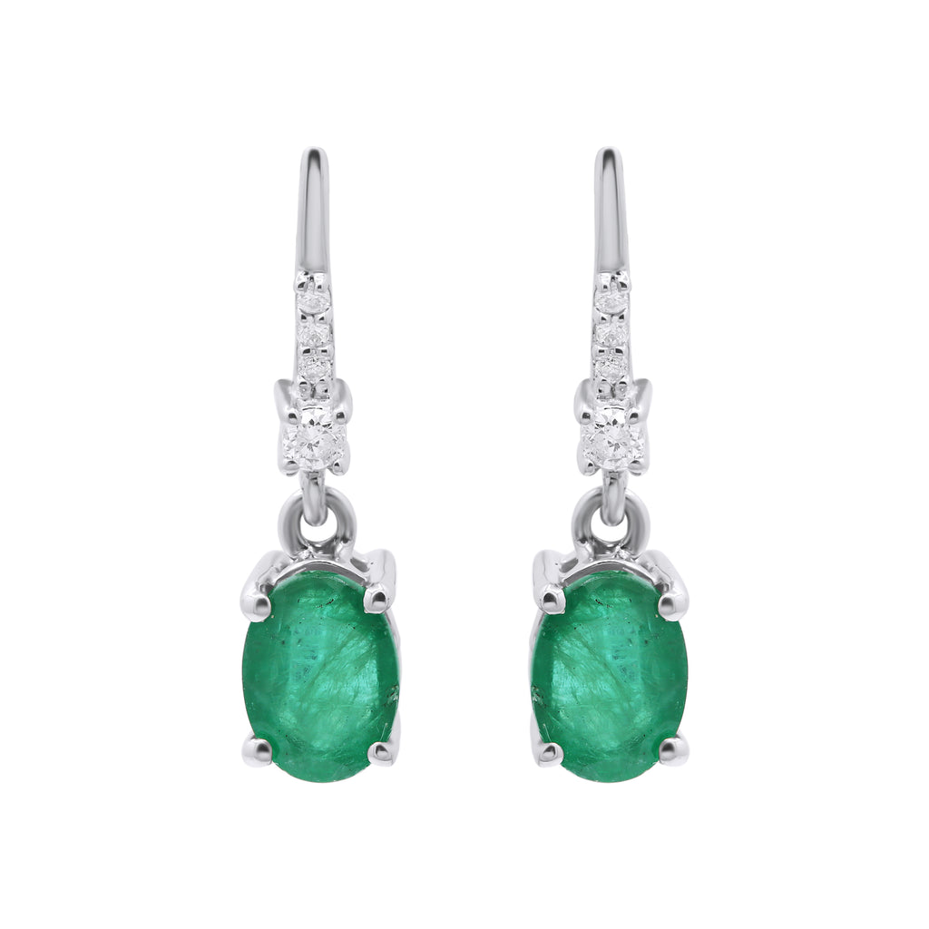 Natural Oval Cut Emerald And Diamond 14k White Gold Earring