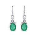 Natural Oval Cut Emerald And Diamond 14k White Gold Earring