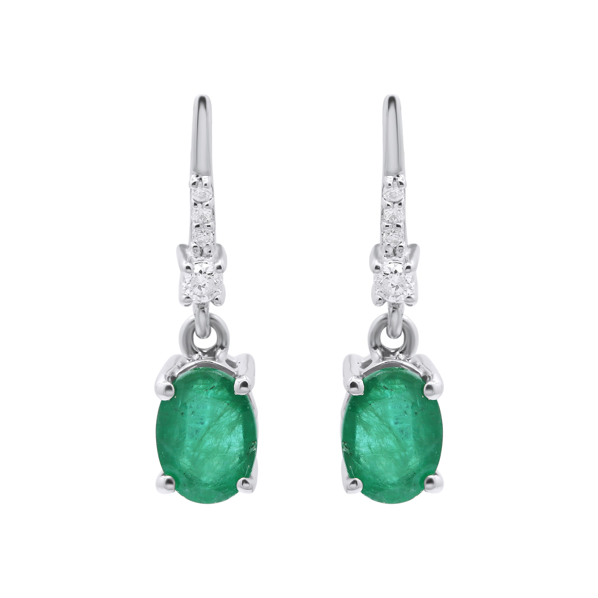 Natural Oval Cut Emerald And Diamond 14k White Gold Earring