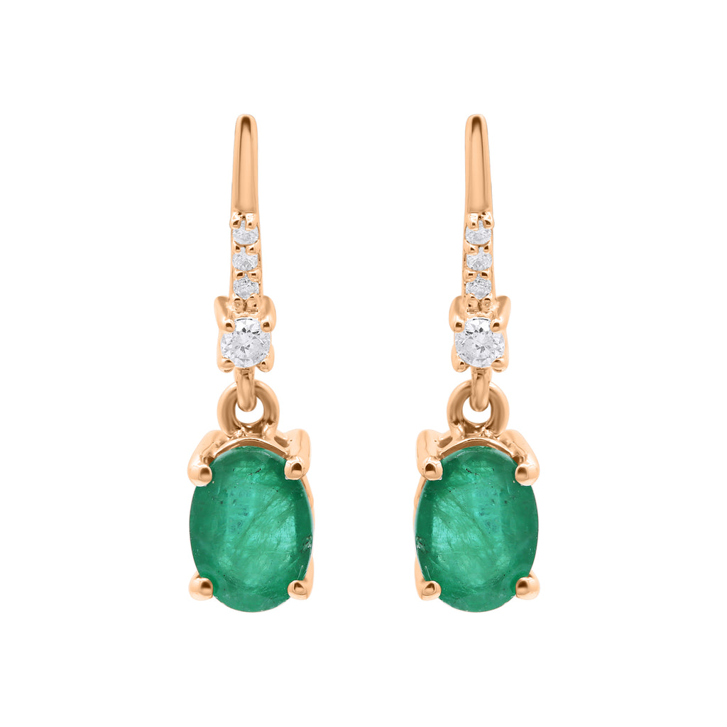Natural Oval Cut Emerald And Diamond 14k White Gold Earring