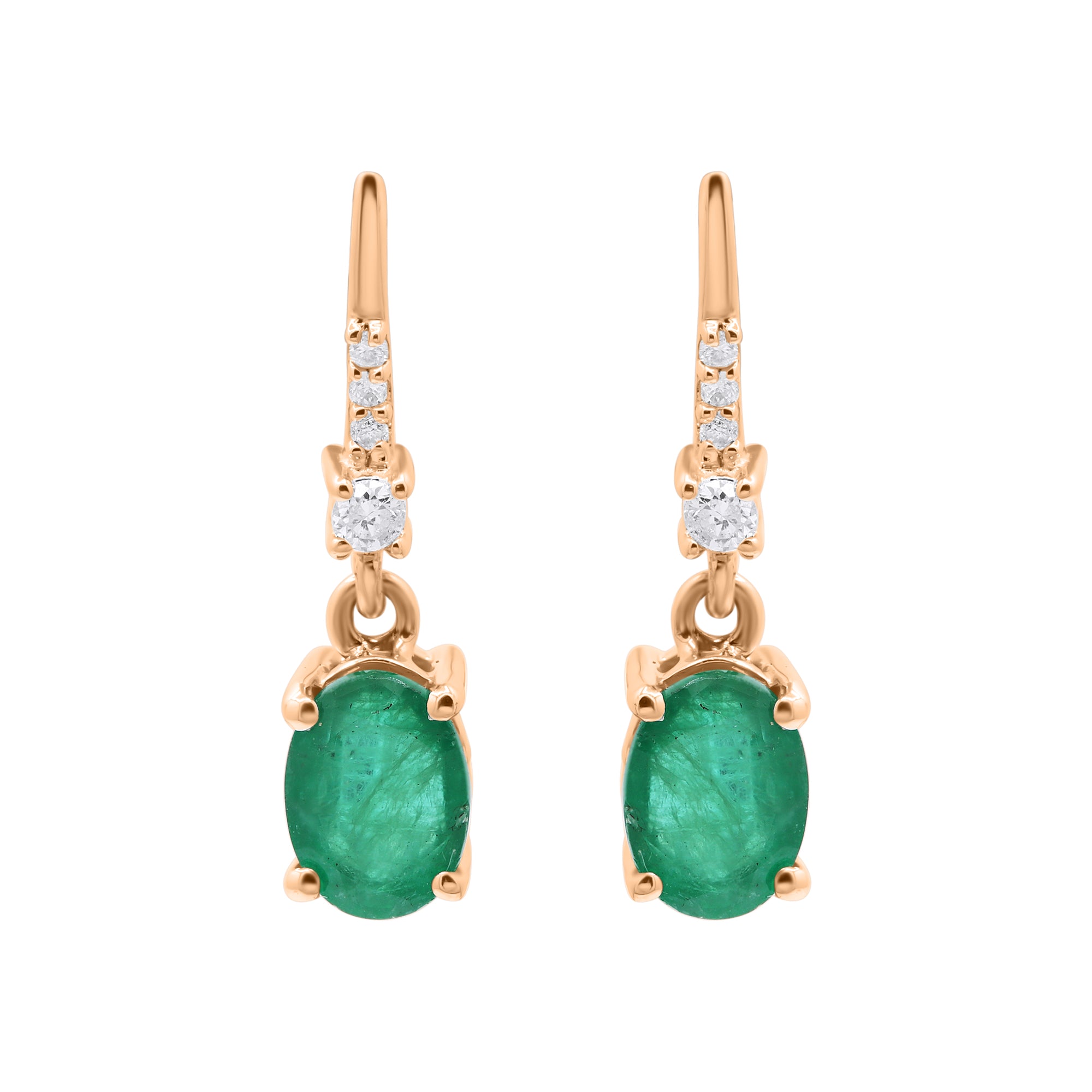 Natural Oval Cut Emerald And Diamond 14k White Gold Earring