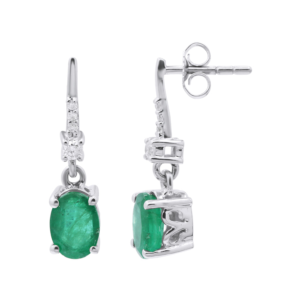 Natural Oval Cut Emerald And Diamond 14k White Gold Earring
