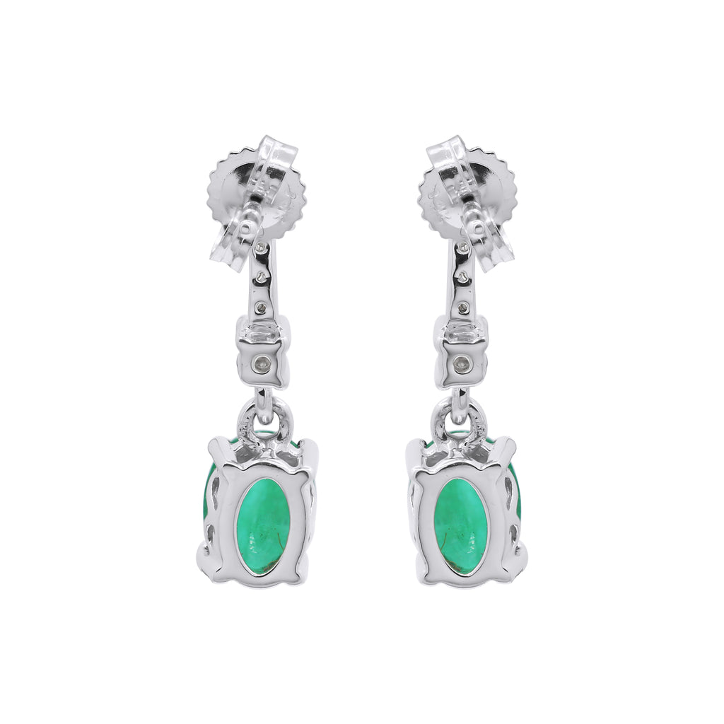 Natural Oval Cut Emerald And Diamond 14k White Gold Earring