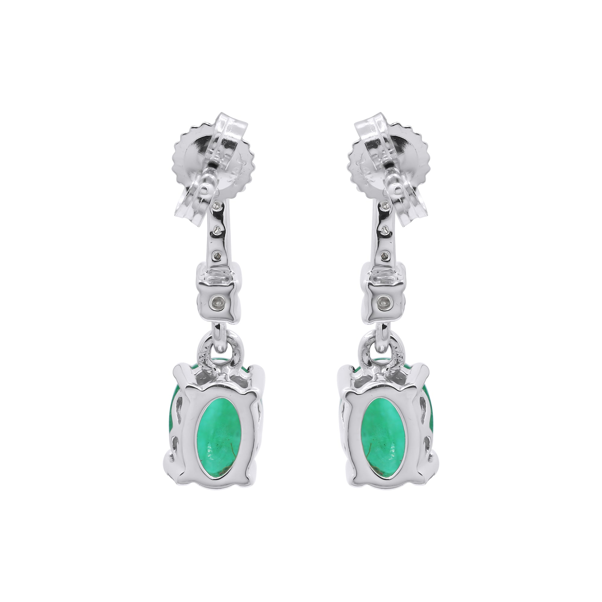 Natural Oval Cut Emerald And Diamond 14k White Gold Earring