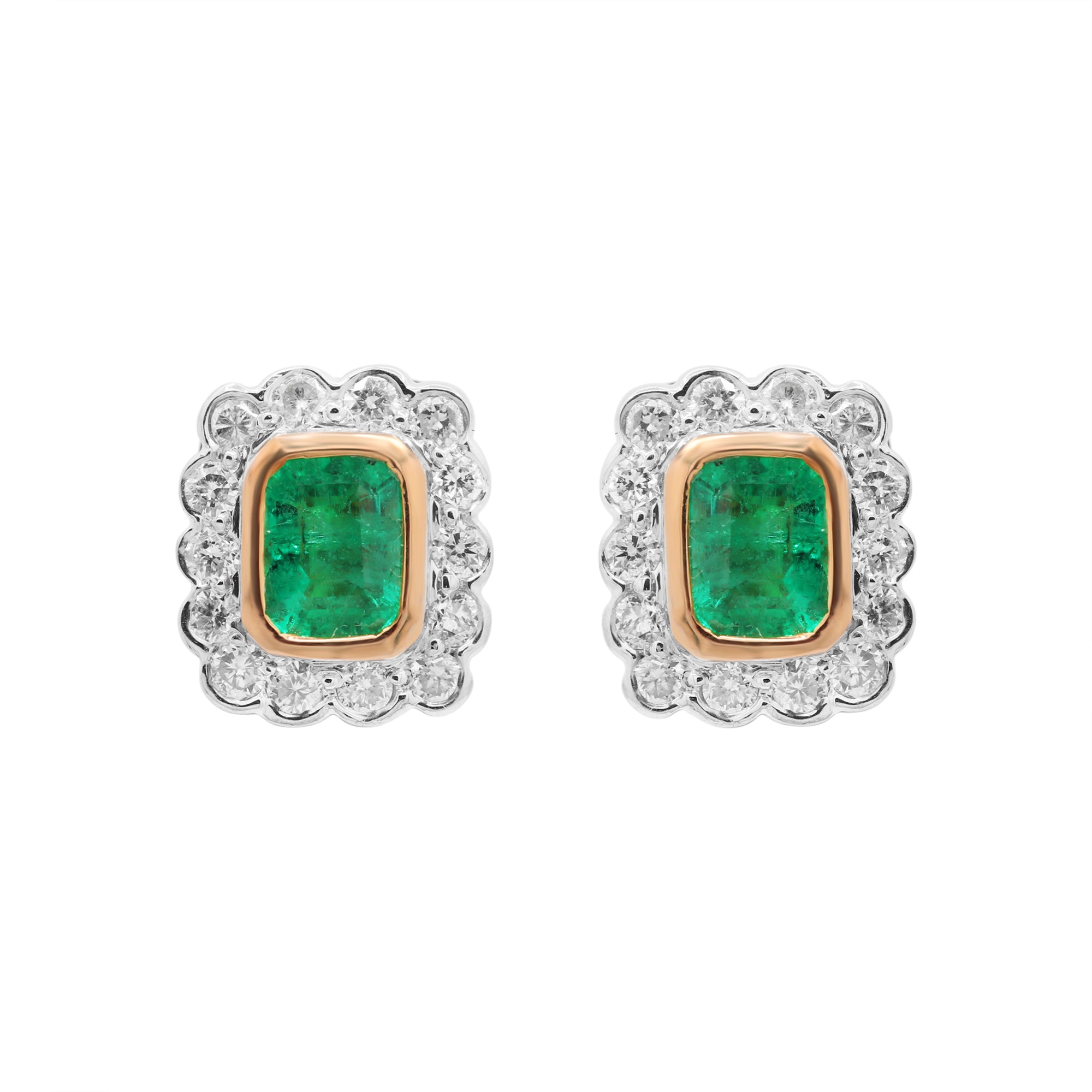 Designer Precious Emerald With Diamond 18k Gold Stud Earring