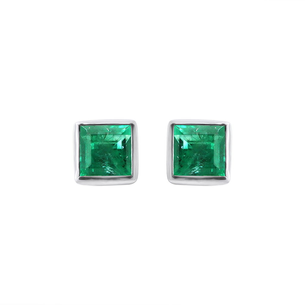 Natural Square Emerald Stud Earrings In 18k White Gold Unisex Emerald Studs