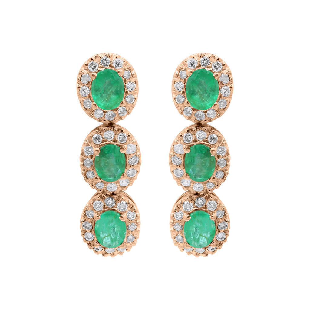 Natural Oval Cut Emerald With Diamond Designer Dangle Earrings In 18k Gold