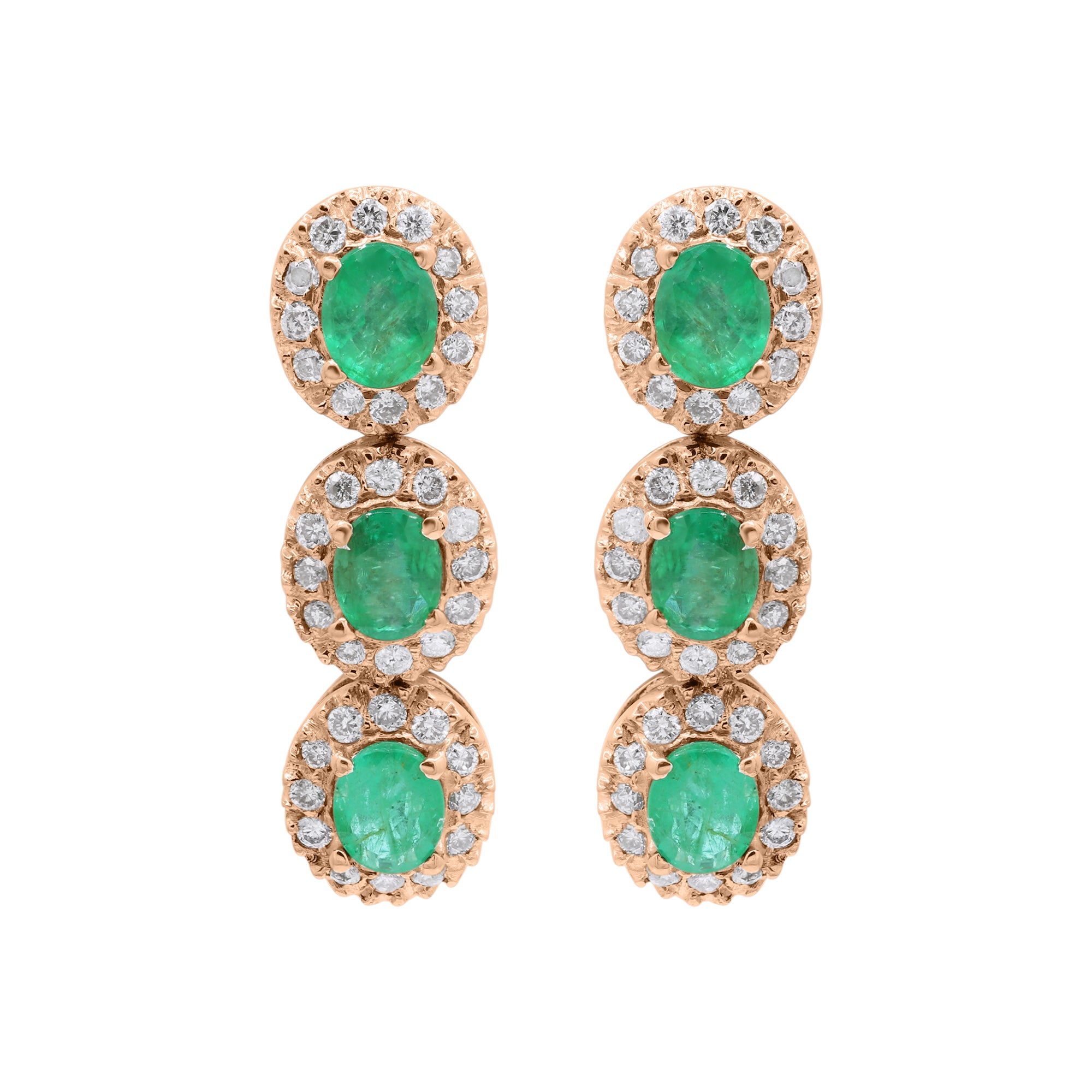 Natural Oval Cut Emerald With Diamond Designer Dangle Earrings In 18k Gold