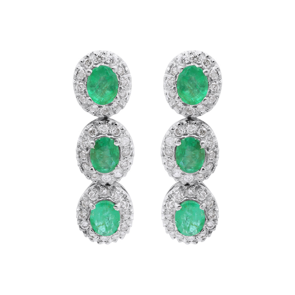 Natural Oval Cut Emerald With Diamond Designer Dangle Earrings In 18k Gold