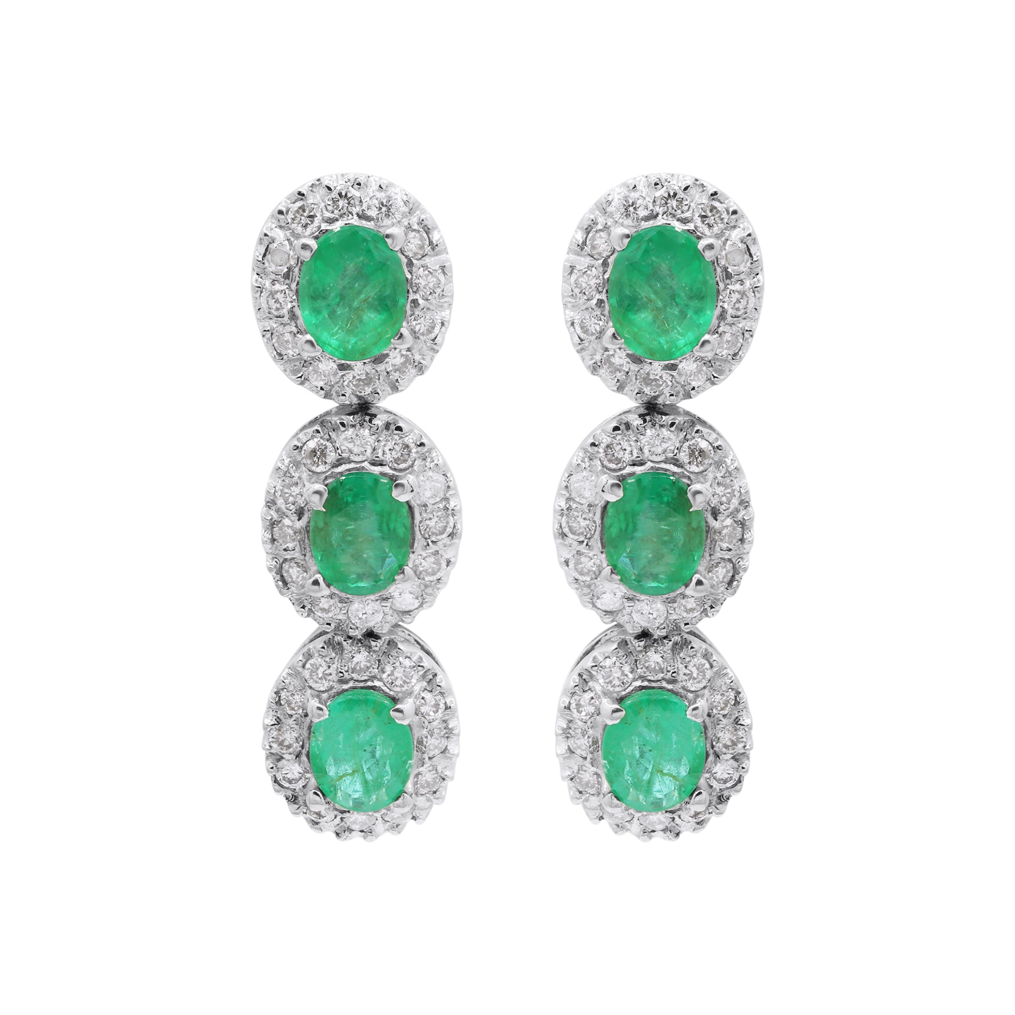 Natural Oval Cut Emerald With Diamond Designer Dangle Earrings In 18k Gold