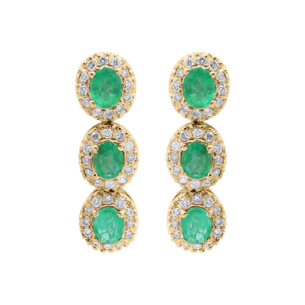 Natural Oval Cut Emerald With Diamond Designer Dangle Earrings In 18k Gold