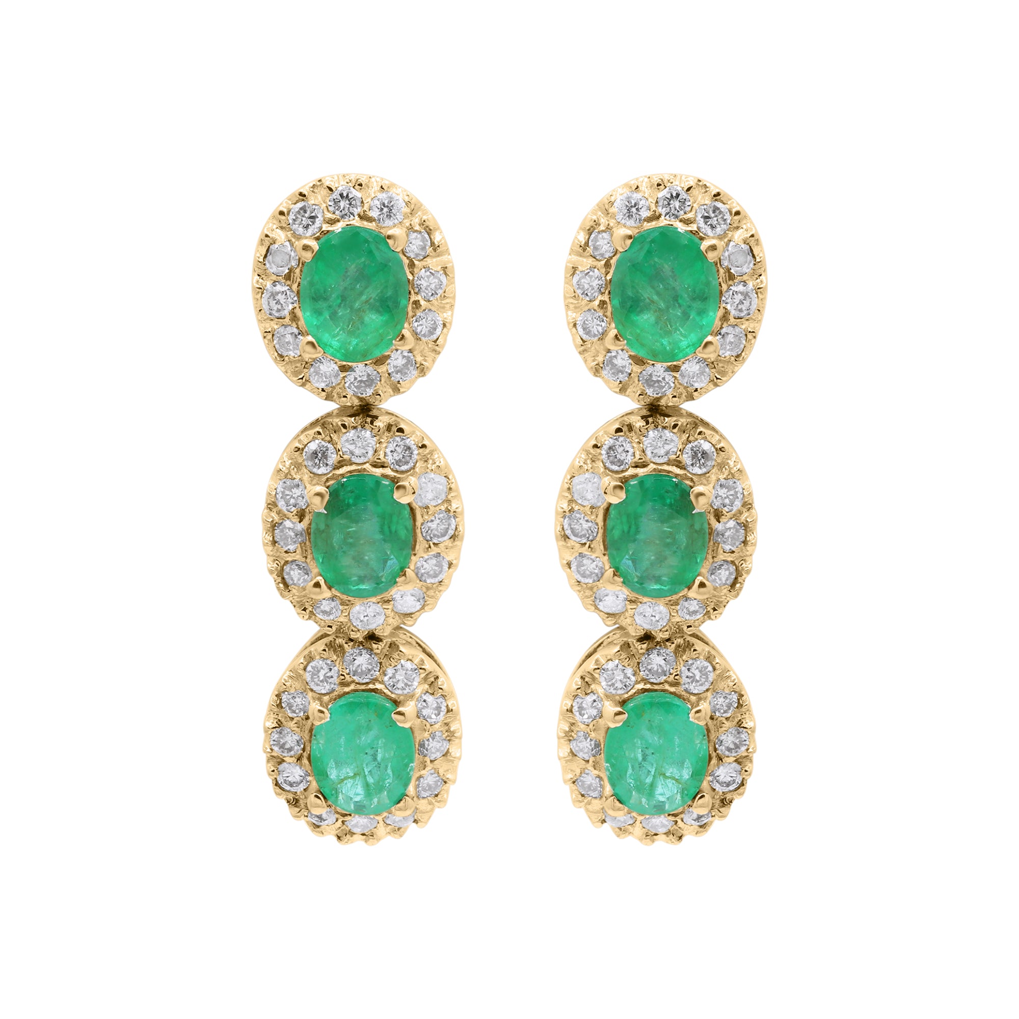 Natural Oval Cut Emerald With Diamond Designer Dangle Earrings In 18k Gold