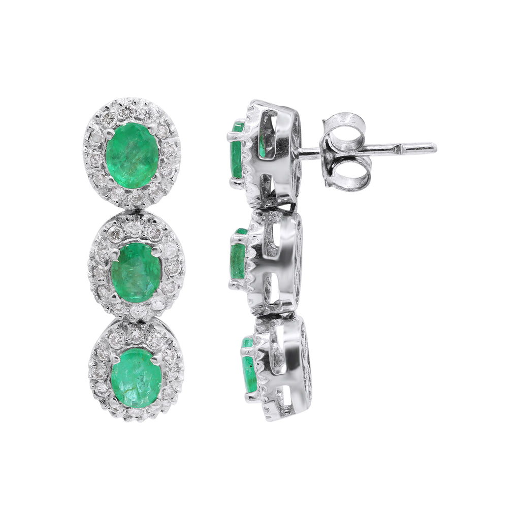 Natural Oval Cut Emerald With Diamond Designer Dangle Earrings In 18k Gold