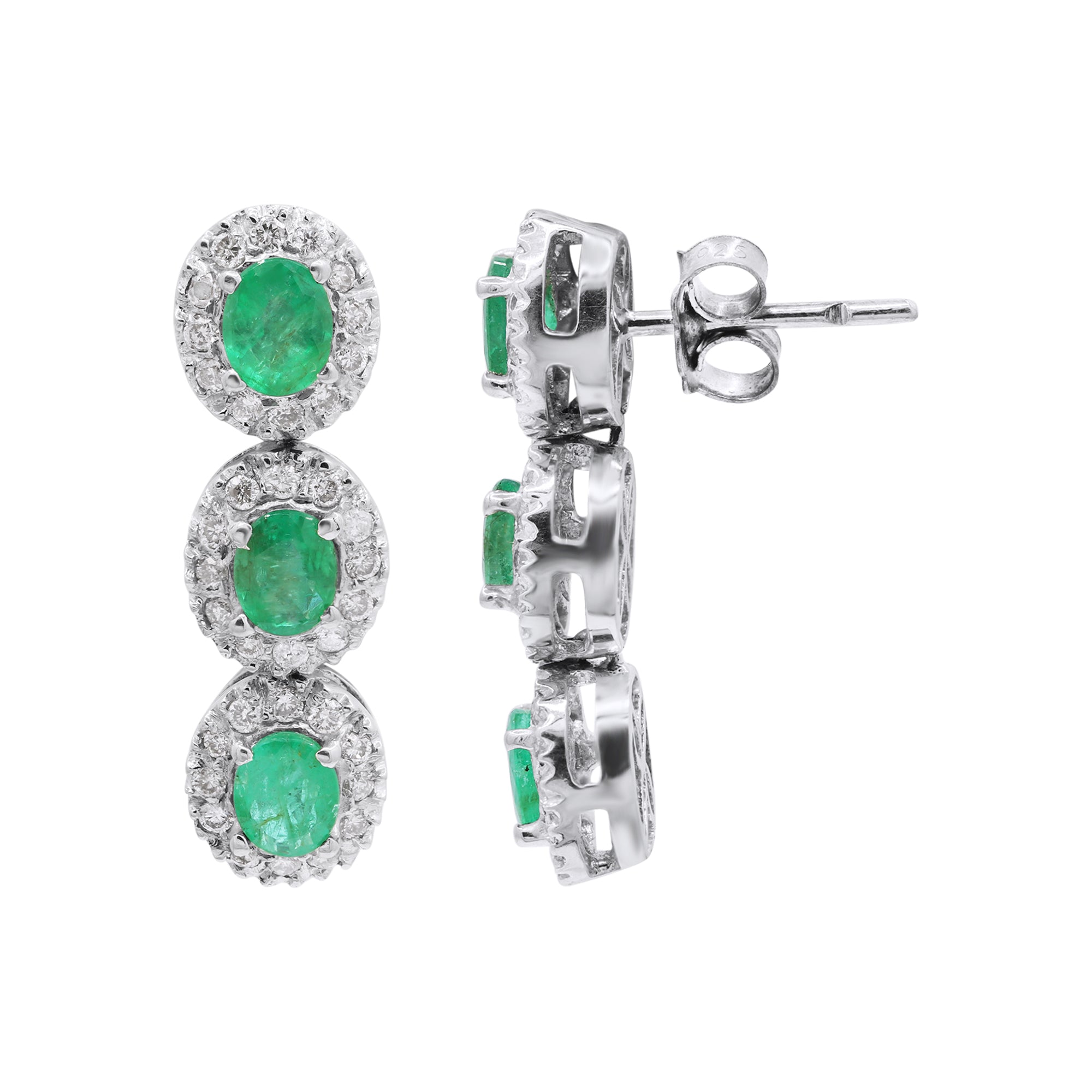 Natural Oval Cut Emerald With Diamond Designer Dangle Earrings In 18k Gold