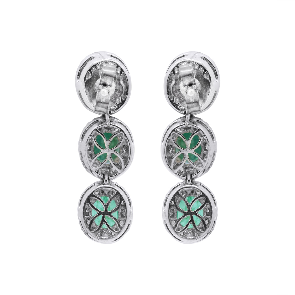 Natural Oval Cut Emerald With Diamond Designer Dangle Earrings In 18k Gold