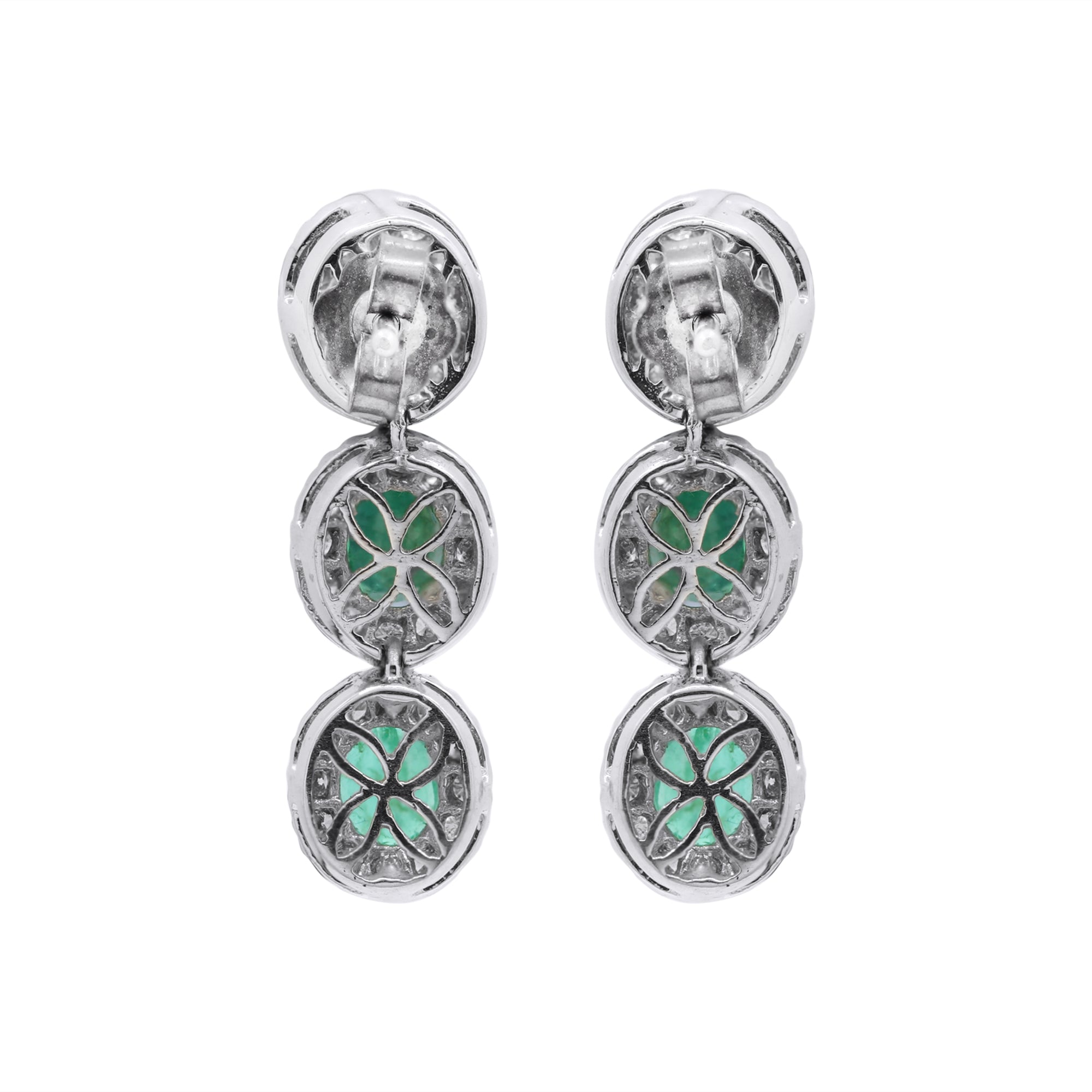 Natural Oval Cut Emerald With Diamond Designer Dangle Earrings In 18k Gold
