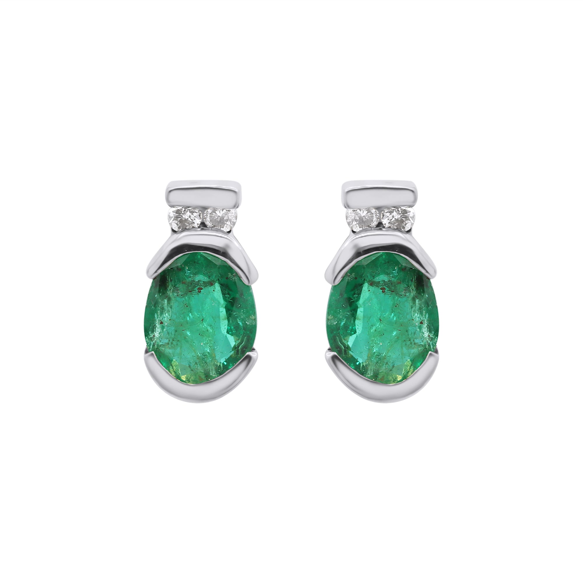 Precious Oval Cut Emerald Gemstone With Diamond 14k Yellow Gold Stud Earrings