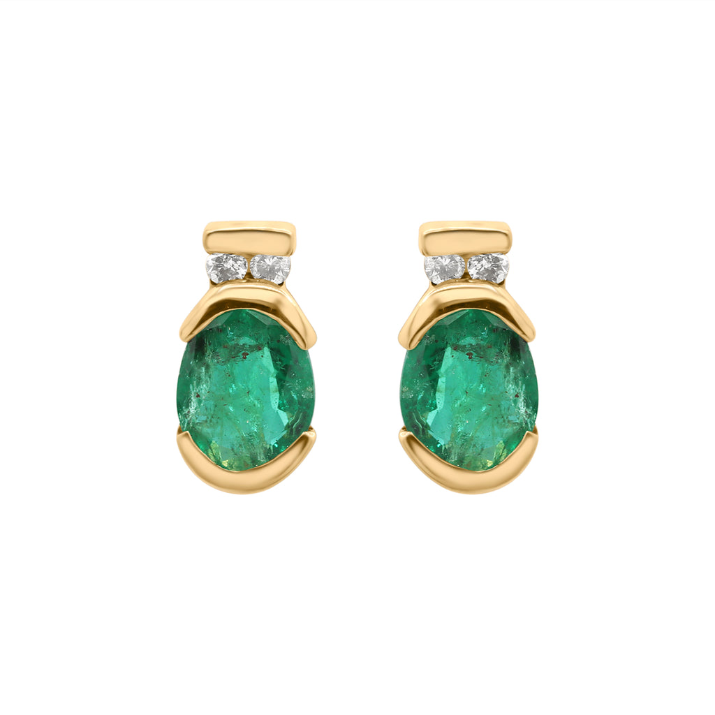 Precious Oval Cut Emerald Gemstone With Diamond 14k Yellow Gold Stud Earrings