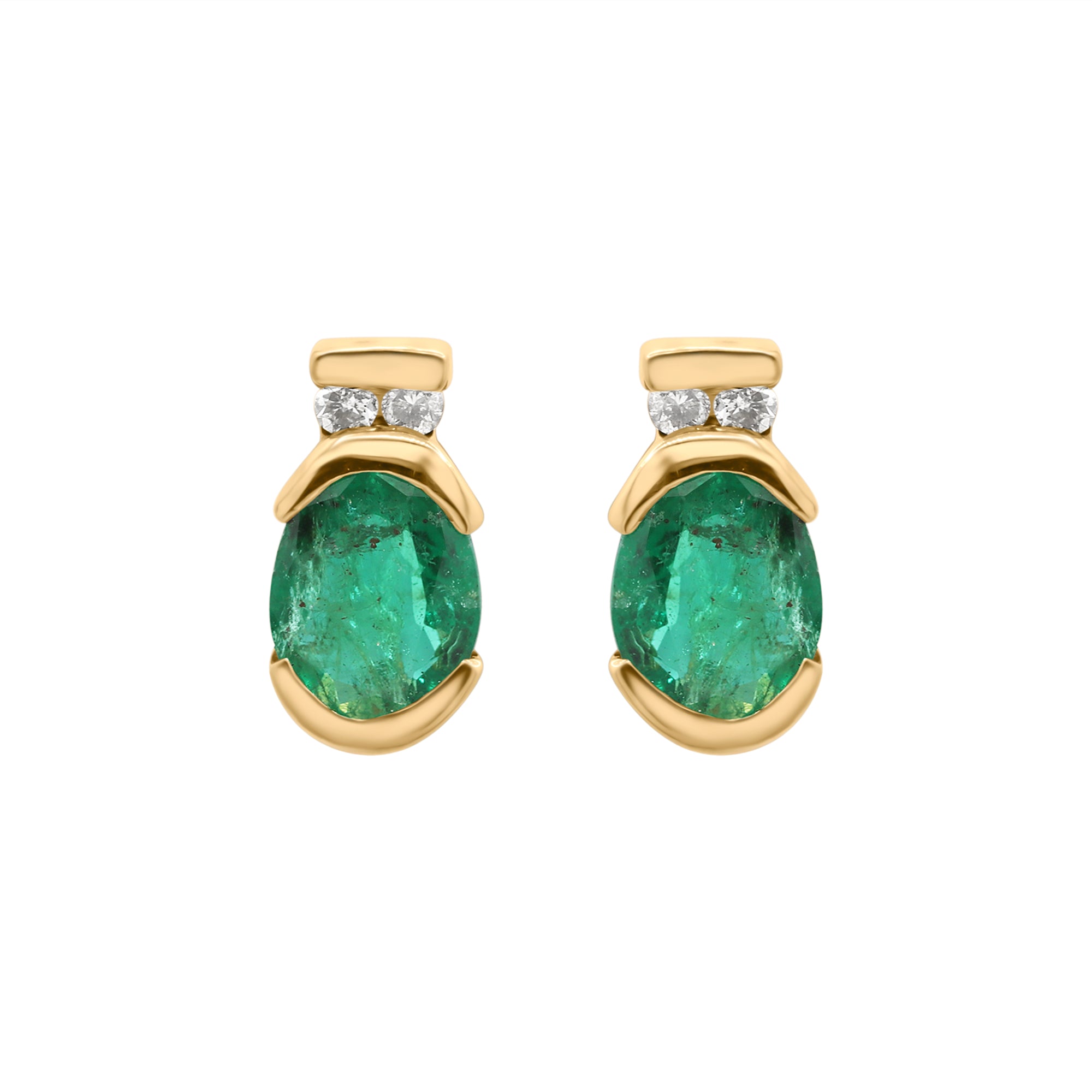 Precious Oval Cut Emerald Gemstone With Diamond 14k Yellow Gold Stud Earrings