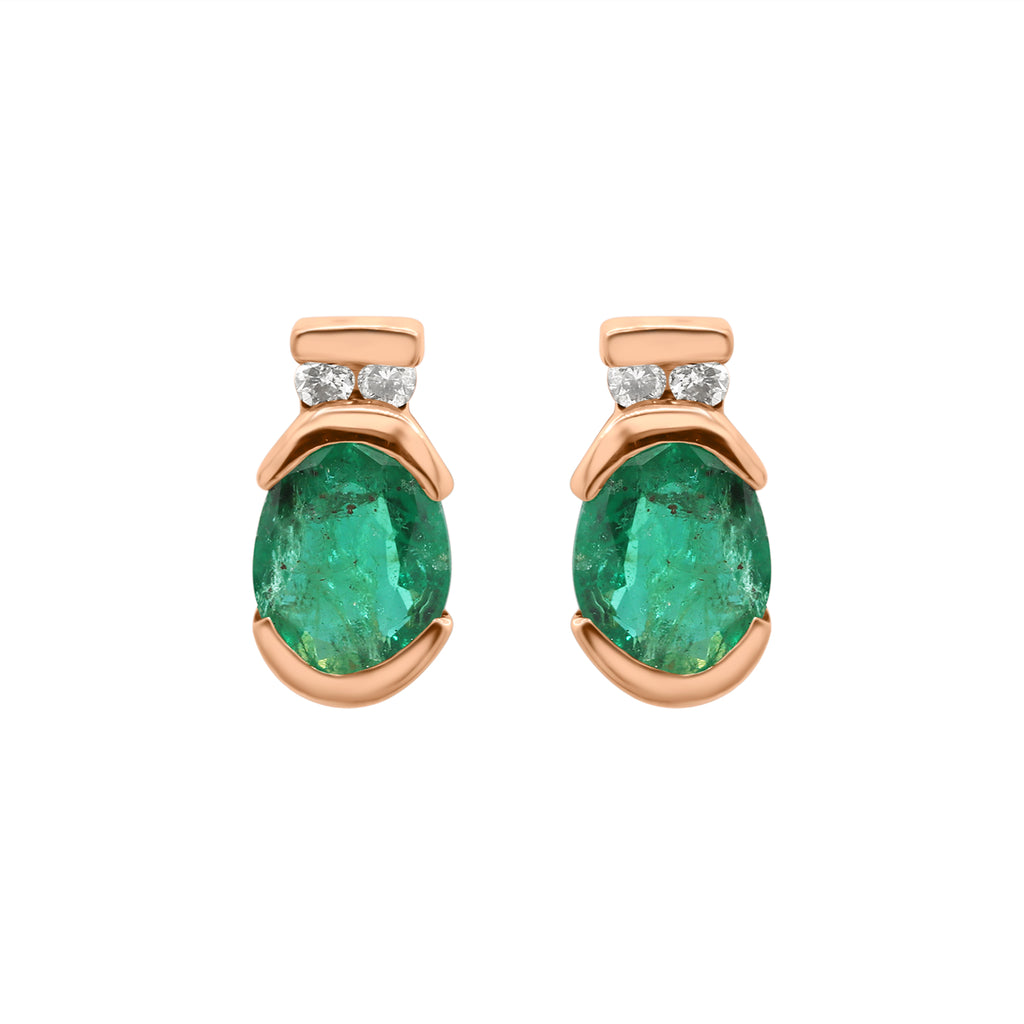 Precious Oval Cut Emerald Gemstone With Diamond 14k Yellow Gold Stud Earrings