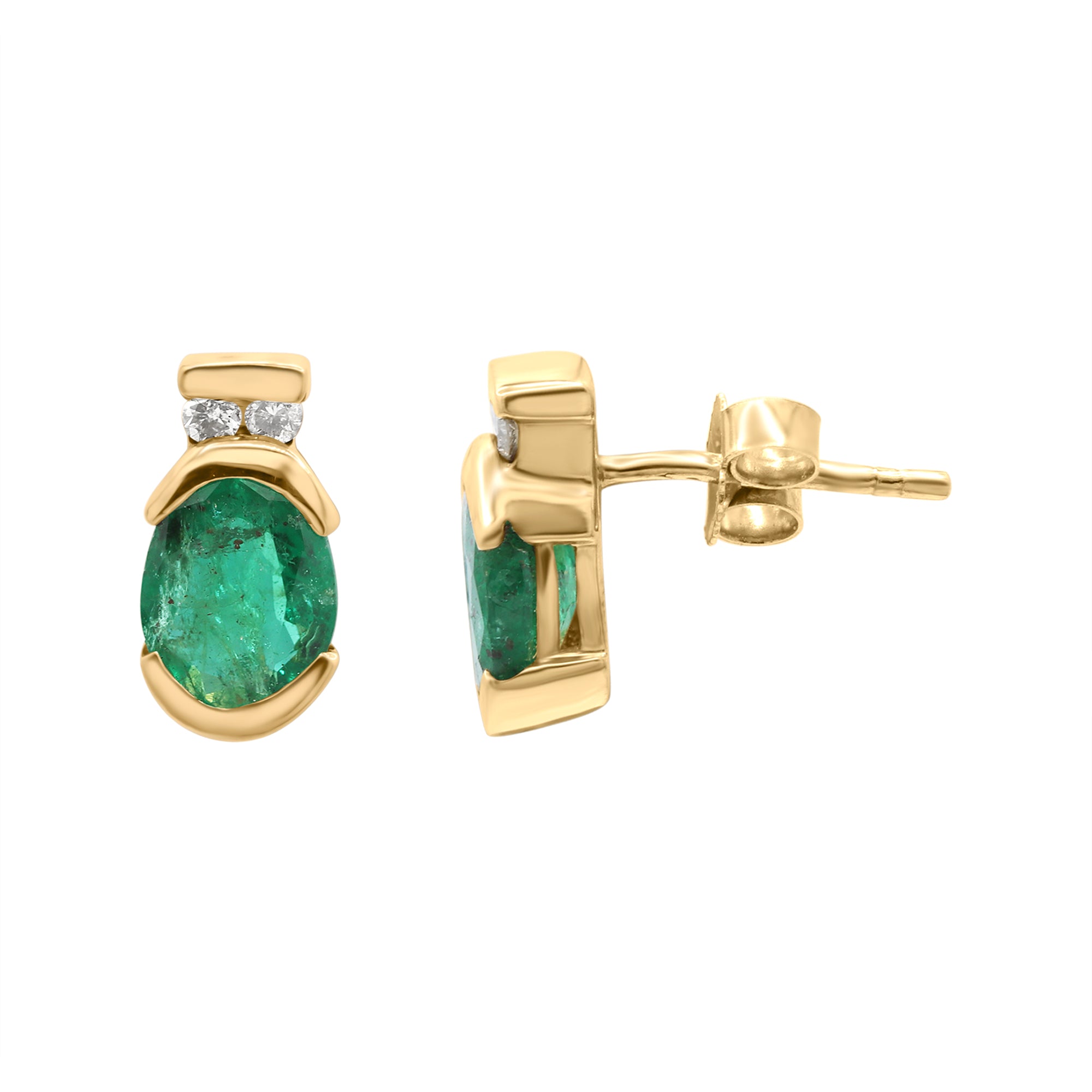 Precious Oval Cut Emerald Gemstone With Diamond 14k Yellow Gold Stud Earrings