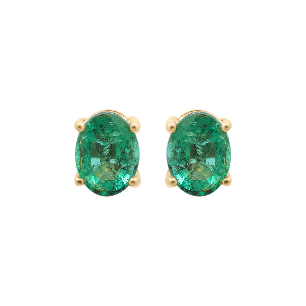 Natural Emerald Oval Cut Gemstone Stud Earrings In 14k Yellow Gold