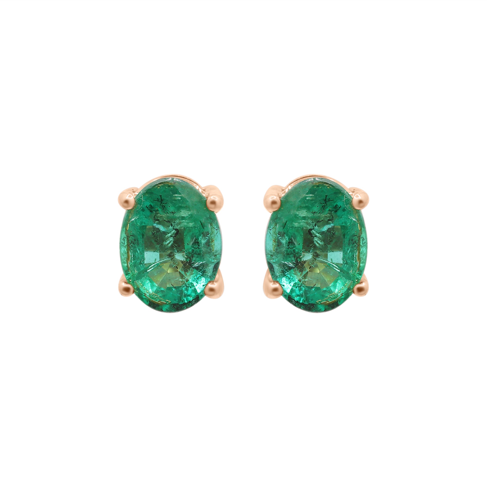 Natural Emerald Oval Cut Gemstone Stud Earrings In 14k Yellow Gold