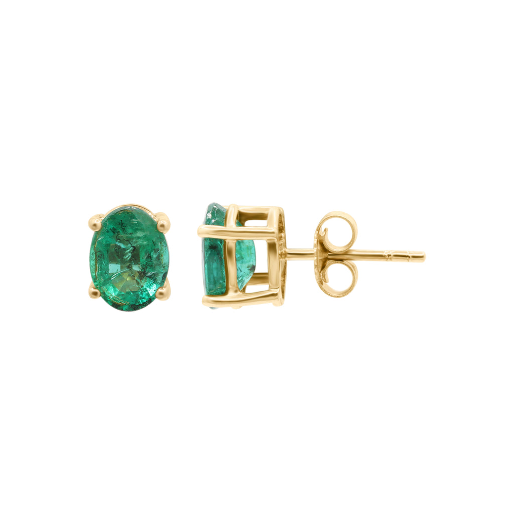 Natural Emerald Oval Cut Gemstone Stud Earrings In 14k Yellow Gold