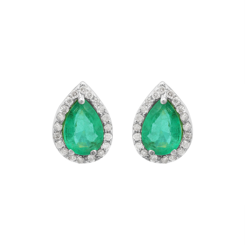 Pear Shaped Natural Emerald And Diamond Stud Earrings In 18k Yellow Gold