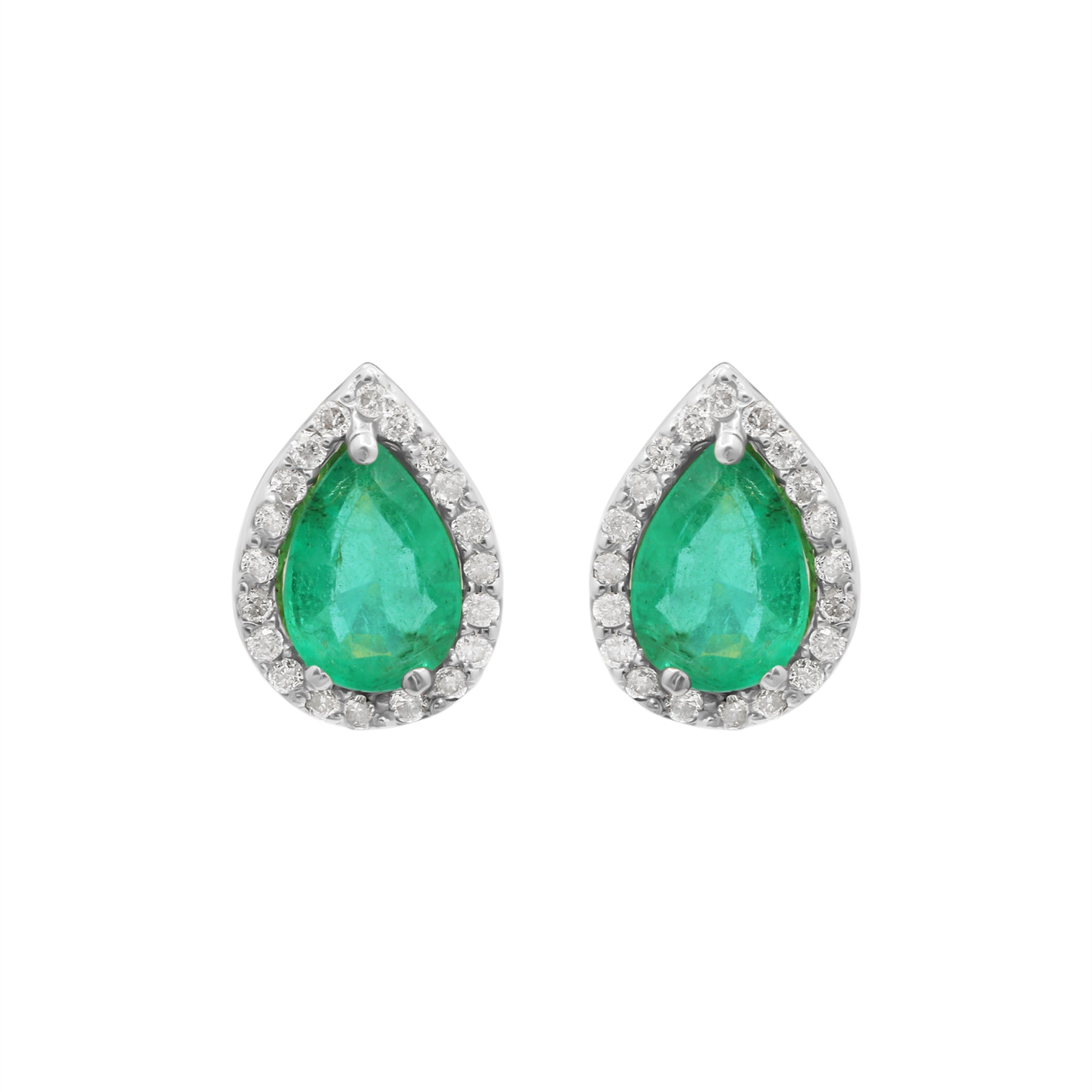 Pear Shaped Natural Emerald And Diamond Stud Earrings In 18k Yellow Gold