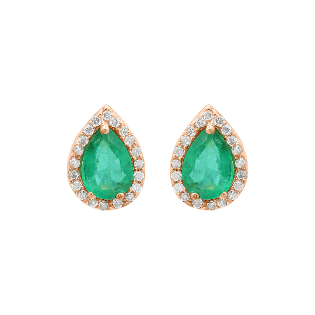 Pear Shaped Natural Emerald And Diamond Stud Earrings In 18k Yellow Gold