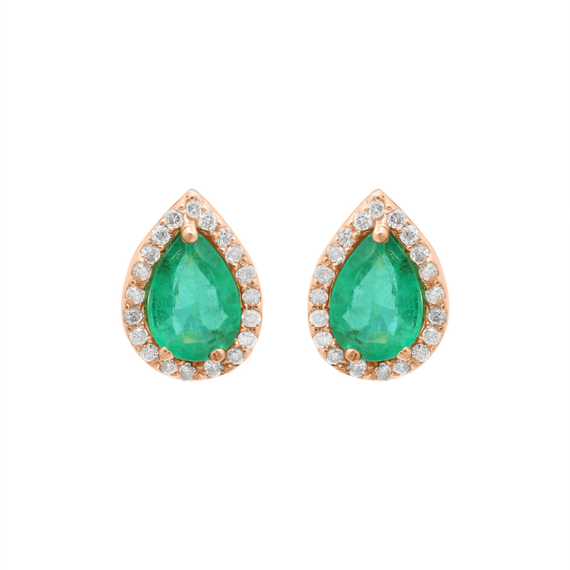 Pear Shaped Natural Emerald And Diamond Stud Earrings In 18k Yellow Gold